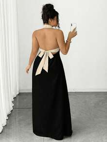 Elenzga Bộ sưu tập Kooky Elegance không bao giờ lỗi mốt (Phong cách u sầu) (Phong cách ngày thứ Tư) Đầm cổ yếm phối màu cỡ lớn - màu đen - Xem 2