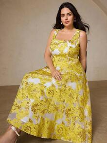 BELROSIE Elegant Sleeveless Dress With Square Neckline, Gold Foil Floral Print Fabric, Fitted Waist, Suitable For Wedding Season, Plus Size - Yellow - View 6