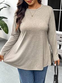 SHEIN Frenchy Maglietta lunga da donna con collo a giro, manica lunga, design con taglio sulla schiena, taglia comoda, versatile per uso quotidiano e pendolarismo, top a maniche lunghe primaverile da donna - Albicocca - Visualizzare 5