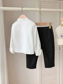 2pcs Baby Boy/Girl Decorated Ribbon Collar Short Sleeve Cardigan Top And Elastic Waist Casual Pants Set - Black and White - View 2
