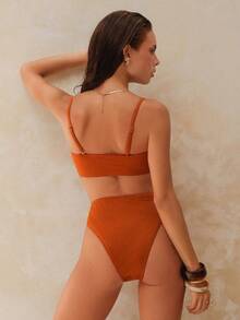Swim Chiccia Women's Burnt Orange Textured Fabric Halter Tie Bikini Swimwear,Removable Adjustable Straps Elegant Summer Casual Beach Vacation Holiday Party - Rust Brown - View 2