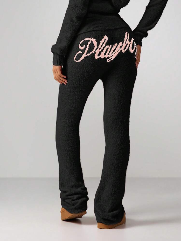 Missguided x Playboy Pantalones de yoga acampanados con cintura plegable de punto esponjoso para mujer, pantalones de chándal cómodos y abrigados para el invierno con pernera ancha