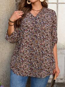 EMERY ROSE Áo sơ mi dài tay màu đỏ rượu vang in họa tiết, tay lửng, cỡ lớn dành cho nữ, thích hợp cho mùa xuân sớm, mùa hè, kỳ nghỉ, đi biển, du lịch. - Nhiều màu - Xem 2