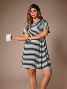 Lazeform Áo ngủ tay ngắn cổ tròn in sọc, cỡ lớn, thích hợp cho mùa xuân/hè. - Nhiều màu - Xem 1