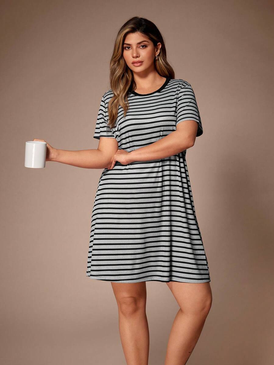 Lazeform Áo ngủ tay ngắn cổ tròn in sọc, cỡ lớn, thích hợp cho mùa xuân/hè. - Nhiều màu - Xem 1