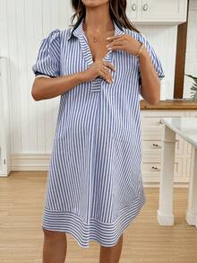 SHEIN Maternity Clothes Maternity Maternity Dress Nursing Dress, Boat Neck Puff Sleeve Half-Placket Striped Dress - Blue - View 2