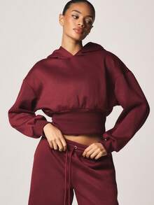 MISSGUIDED Burgundy Cropped Hoodie With Cinched Waist Ribbed Hem Long Sleeve Pullover Sweatshirt - Burgundy - View 5