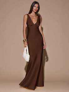 SHEIN BAE Sexy Minimalist Solid Color Yellow/Cream Deep V-Neck Sleeveless Backless Tie Dress, Suitable For Parties, Cocktail Events, Formal Occasions, Bridesmaid Dresses, Birthday Dresses, Yellow Satin Gown, Christmas, Banquet, Business Casual Sexy Brown Dress Brown Wedding Guest Dress Open Back Dresses - Coffee Brown - View 4