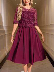 SHEIN Clasi Vestido de manga corta con cuello redondo de unicolor y encaje elegante - Burdeos - Ver 7