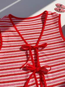 Comfortcana Red And White Striped,Summer,Cute,Date Women's Lightweight Vest Jacket With Bow Tie,Valentine's Day Waffle Stripe Knit Casual Elegant Y2k Top,Beach - Multicolor - View 7