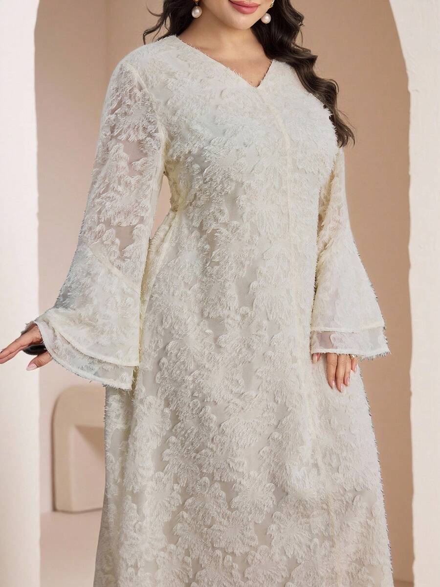 Veilorie Đầm dài tay màu trơn cổ chữ V thanh lịch cỡ lớn - Màu be - Xem 1