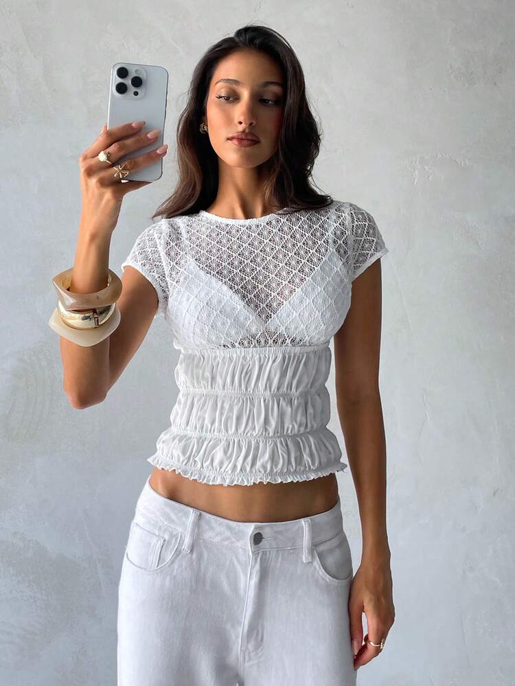 Aloruh Camiseta de mujer con mangas cortas transparentes, cintura ajustada, parches de encaje y satén fruncido - Albaricoque - Añade 5