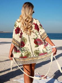 Swim Vcay 女士印花和服罩衫，腰部系带，半袖设计，宽松休闲沙滩度假装，春夏款 - 彩色 - 查看 2