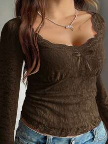 Vionelle 大码女式法式浪漫蕾丝蝴蝶结性感上衣 - 棕色 - 查看 5