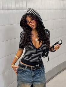 StreetHx Women's Slim Fit Striped Short Sleeve Sweatshirt, Street Style, Spring/Summer - Black - View 6