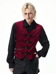 ROMWE MEN Goth 春季休闲印花红色男士复古撞色无袖时尚背心 - 酒紅色 - 查看 4