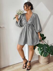 Lounesse 大码女式格子深V领灯笼袖性感时尚连衣裙 - 黑與白 - 查看 3
