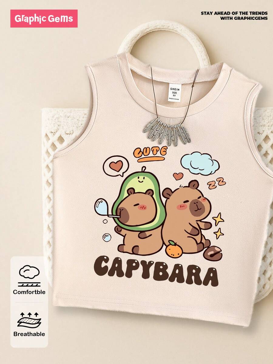 GraphicGems Girls Teen Cute Capybara Cartoon Print Round Neck Beige Cute Tank Top - Apricot - View 1