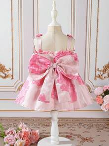 SHEIN 女婴优雅吊带大蝴蝶结提花A字连衣裙，适合生日派对和节日庆典，春夏款 - 粉色 - 查看 8