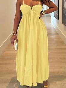 Alexandranx 女式褶皱无袖连衣裙，度假风格，春夏，女式夏季服装，女式沙滩服装，女式，春假，女式演唱会服装，波西米亚风，狂欢服装，热带度假，节日，浪漫女式夏季连衣裙，波西米亚风女式连衣裙，女式热带连衣裙，女式连衣裙，度假新品女式连衣裙 - 淡黃色 - 查看 4