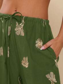 COSMINA Women's Drawstring Waist Pockets Floral Embroidery Pattern Casual Versatile Commuting Wide Leg Pants - Green - View 2