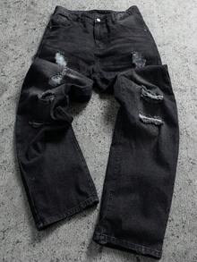 Sport MetroGents Men's Casual Distressed Loose Fit Slant Pocket Denim Jeans, Autumn Romwe Men Jeans Emo Jeans Ripped Baggy Jeans Men Manfinity Legnd Men Cotton Splash Ink Ripped Jeans Drip Jeans - Dark Grey - View 1