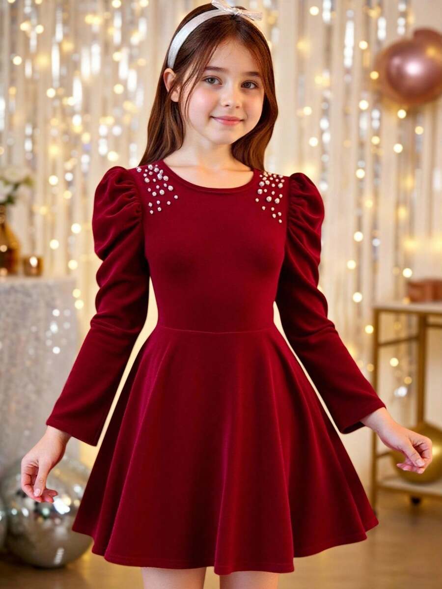 Pitira Tween Girls Beaded Detail Fitted Mini Dress, Leg Of Mutton Sleeves Long Sleeves, Autumn And Winter Dress, Halloween, Christmas, Party, Sun Hem Dress, Gorgeous,Christmas Dress - Red - View 1