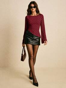 Poéselle 女士撞色波点印花长袖T恤 - 酒紅色 - 查看 2