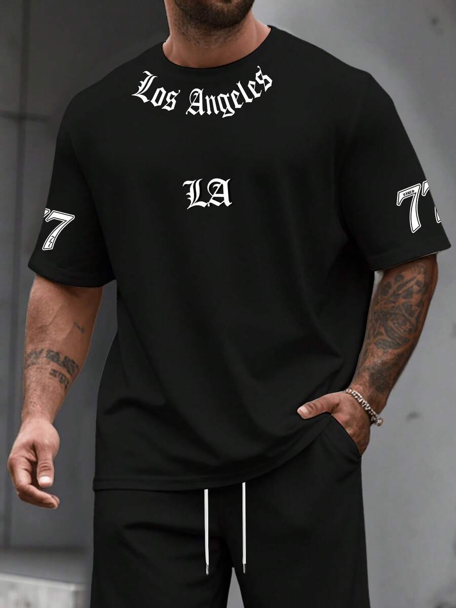 Manfinity LEGND Herren Große Größen Minimalistisches Rundhals Kurzarm T-Shirt mit Muster - Schwarz - Übersicht 1