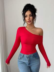SHEIN Raffinéa Women's Casual Burgundy One Shoulder Ruched Long Sleeve Polyester Regular T-Shirt - Burgundy - View 3