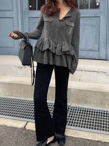 FRIFUL Women's Round Neck Metal Button Decor Hem Layered Ruffle Hem Fitted Casual T-Shirt - Grey - View 5