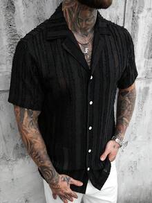 SLATEMANN 男士平领单排扣休闲百搭通勤短袖衬衫 男士纽扣衬衫 男士薄纱短袖衬衫 男士翻领衬衫 - 黑色 - 查看 4