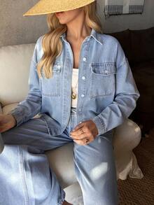 EMERY ROSE 女士落肩长袖单排扣衬衫和裤子休闲牛仔套装 - 藍色 - 查看 6