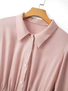 GlowEve CURVE Plus Size Women's Solid Color Long Sleeve Button Half Placket Pleated Hem Elegant Shirt Dress - Pink - View 3