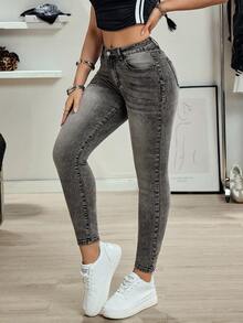 SHEIN Tall Hochbund Mode Katzenbart geWashed Skinny Jeans - Hellgrau - Übersicht 4