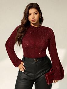 SHEIN Essnce 弹力缎面长袖喇叭袖口连体衣，收腰设计，适合工作、派对、生日、音乐节等场合，大码可选 - 酒紅色 - 查看 3