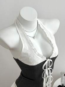 Elamini Bộ đồ hai mảnh mùa hè thoải mái dành cho nữ, với họa tiết chắp vá, phối màu và thêu theo phong cách Y2K, gồm chân váy xếp ly và áo hở lưng, thích hợp cho tiệc năm mới. - trắng - Xem 3