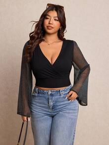 Elaquor Plus Size Women Elegant Minimalist Chiffon Patchwork Flare Sleeve Top, Autumn - Black - View 5