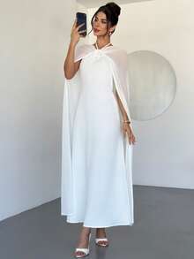 Firerie 女士优雅、精致、浪漫、简约的节日派对舞会婚礼宾客礼服，生日、情人节、约会、度假，3D立体花卉雪纺长围巾A字型白色连衣裙 - 白色 - 查看 5