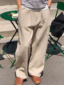 DAZY 男士卡其色亚麻褶裥长裤，春季款 - 卡其色 - 查看 4