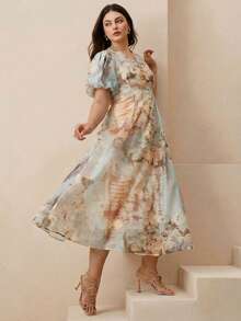 Anewsta Valentine Plus Size Women Elegant Puff Sleeve Pearl Button V-Neck Floral Print A-Line Dress - Apricot - View 5