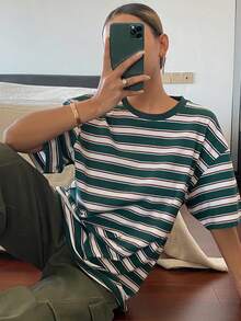 DAZY Áo thun nữ dáng rộng cổ tròn, họa tiết sọc tương phản, thích hợp mặc hàng ngày đi làm, mùa hè. - màu xanh lá - Xem 7