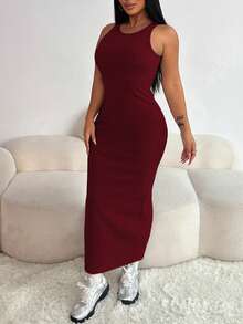 Rafferiza 2pcs/Set Women Casual Hooded Zip-Up Jacket With Cinched Waist & Elastic Knit Racerback Dress, Thermal Lined, For Autumn & Winter Winter Two Pieces Set - Burgundy - View 4