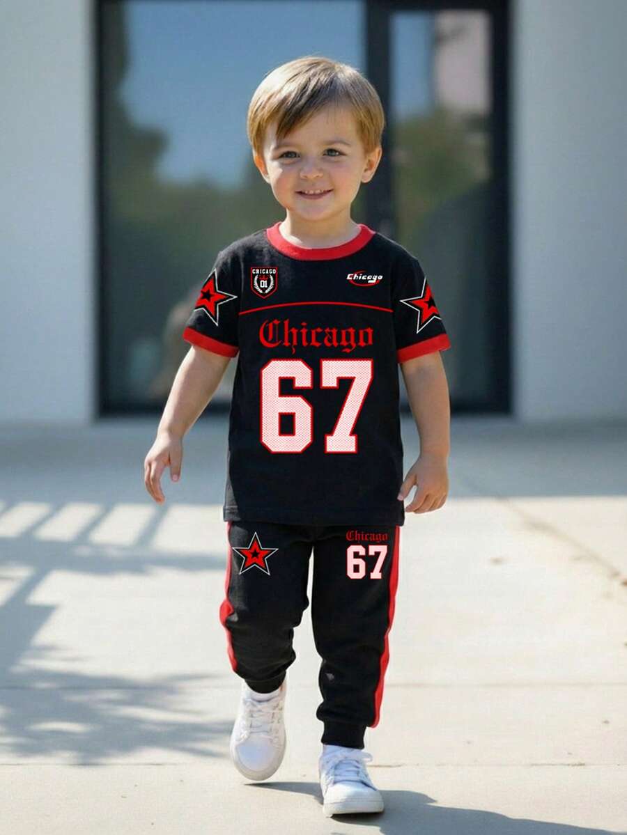 SHEIN 2件套男童休闲简约Y2K风格英文字母和数字67运动复古美式撞色圆领短袖上衣和裤子套装 - 彩色 - 查看 1