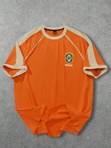 Manfinity Campus Court Áo bóng đá nam tay raglan rộng rãi màu vàng và xanh lá cây, có viền xanh lá cây và vàng ở tay áo và cổ áo, huy hiệu màu xanh lá cây ở ngực trái, chữ "BRASIL" lớn và số "7" màu vàng ở phía sau, trang phục thể thao thường ngày, món quà tuyệt vời cho bạn trai/chồng, áo đôi màu cam, áo sơ mi màu cam, áo thun màu cam, áo đấu nam Brazil. - trái cam - Xem 5