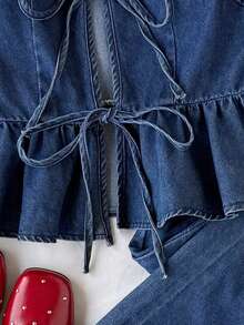 Comfortcana Conjunto feminino casual de férias com blusa sem mangas com amarração frontal e calça jeans. - Lavagem escura - Ver 5