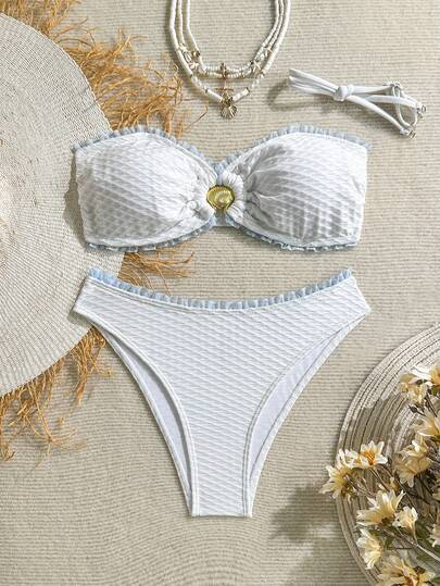 Swim Mod 2pcs Women's Spring/Summer Beach Outfit, Women's Bikini Set, Floral Lace Trim Textured Fabric, Seashell Metal Buckle Decor, Strapless Bikini Top, Blue & White, White, Sweet & Cute, Elegant Lady, Suitable For Beach, Vacation, Daily Wear