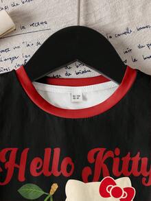 HELLO KITTY AND FRIENDS | SHEIN 女童夏季休闲猫咪樱花印花边饰短袖T恤 - 白色 - 查看 3