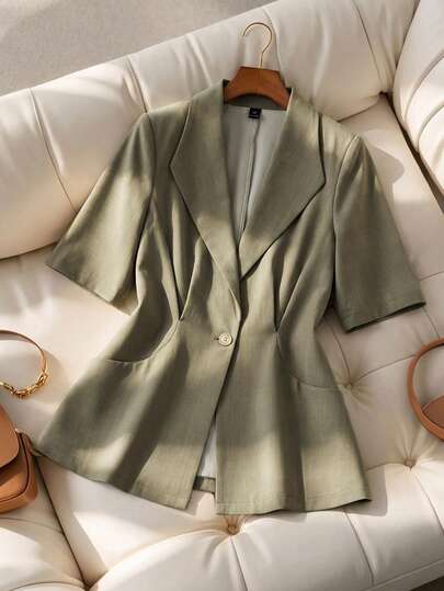 Franclia Áo blazer nữ cỡ lớn kiểu Pháp lãng mạn Sicily thanh lịch thường ngày đi làm nghỉ mát màu trơn cổ ve áo cổ chữ V mở phía trước eo ôm sát tay ngắn, thích hợp cho mùa xuân/thu/đông, áo blazer nữ, áo blazer cho nữ, áo khoác nữ, áo blazer một nút, áo khoác vest nữ