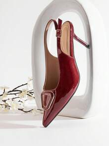 SHUZIA #LuxuryVibe Women's Pointed Toe Slingback Pat Wine Heels With Triangle Buckle – Minimalist Designer-Inspired Chic - Burgundy - View 7